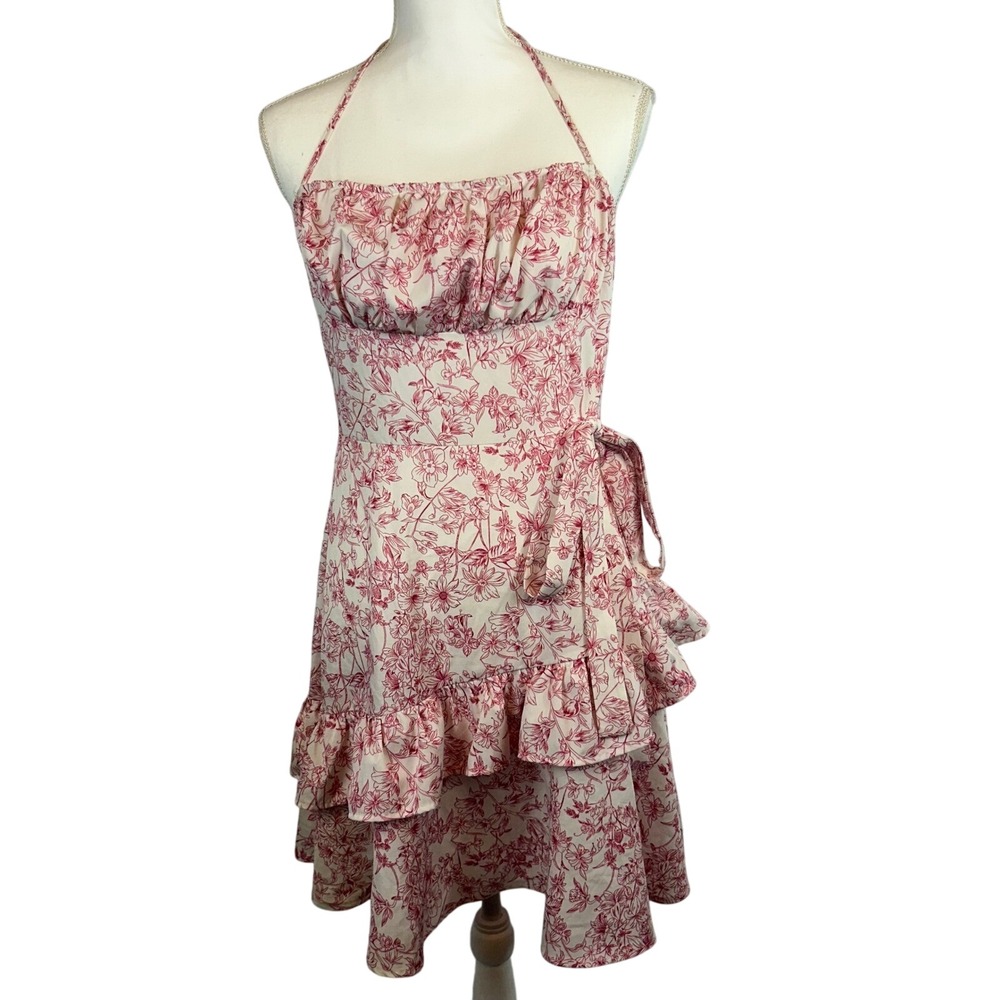 Women's Pink Floral Halter‎ Neck Ruffle Wrap Mini Dress Size Medium